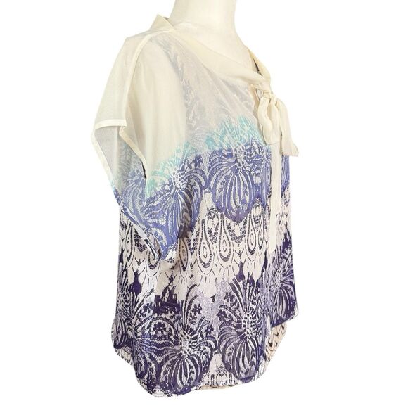 CAbi Blouse Medium Geo Moroccan Blue Print Tie Neck Flowy Layered Shell Top - Picture 4 of 14